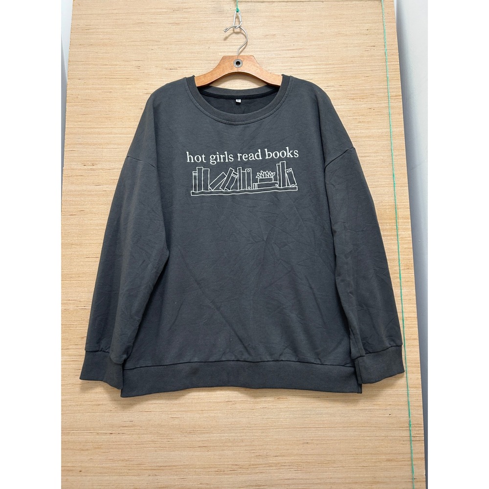 Hot Girls Read Books Graphic Sweatshirt Charcoal Gray XL Crewneck Pullover